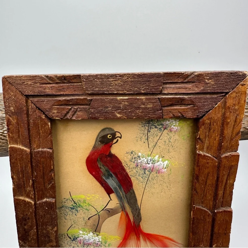 Vibrant Vintage Mexican Folk Art Feather Craft Red Bird Picture Carved Frame - Picture 6 of 16